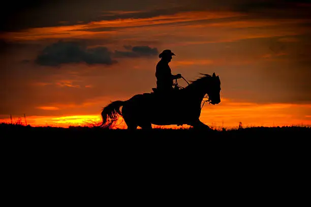 Cowboy rides in the sunset.