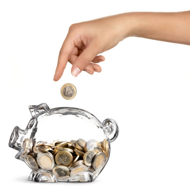 Female Hand Dropping Euro into Half Full Piggy Bank stock photo