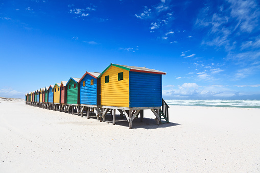 colorful beach huts at beautiful white sandy beach. Muizenberg, Cape Town, South Africa. 