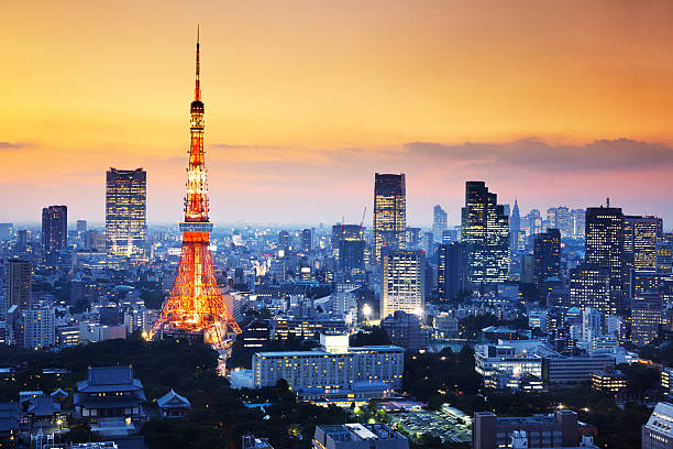 도쿄 타워 - tokyo prefecture night tokyo tower skyline 뉴�스 사진 이미지