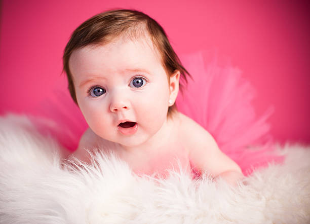 Color image of a three month old baby girl holding her head up while on white fur rug, and pink background.