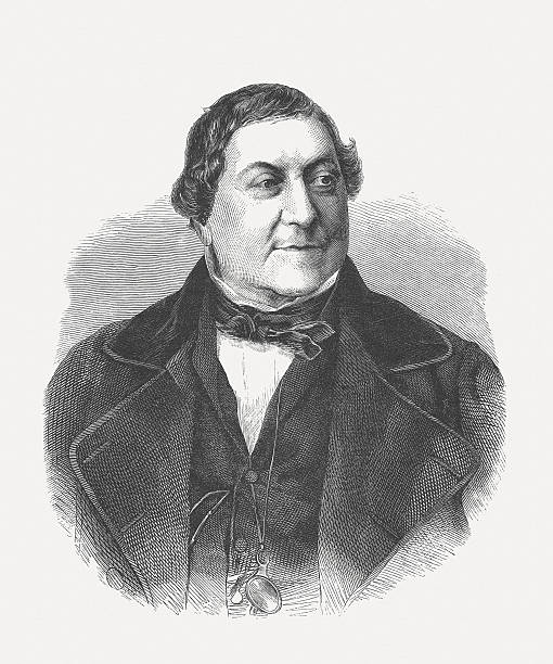 Rossini (1792-1868), Italian composer, wood engraving, published in 1864 Gioachino Antonio Rossini (1792 - 1868) was an Italian composer. He is considered one of the most important opera composers of bel canto. Woodcut engraving, published in 1864. bel canto stock illustrations