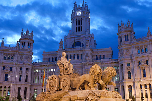 Cibeles Square, Madrid Palacio de Comunicaciones, Madrid's ornate Town Hall, and the Cibeles Fountain on Plaza de Cibeles in Madrid, Spain. contemporary madrid european culture travel destinations stock pictures, royalty-free photos & images