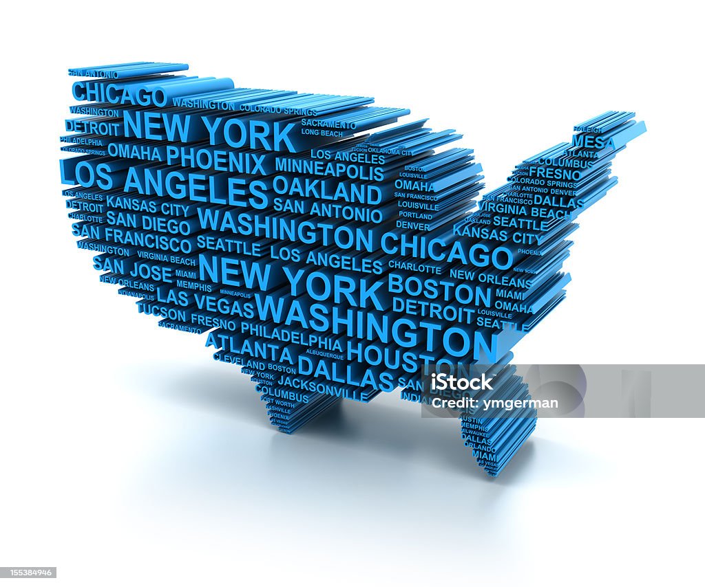 3 d mapa formado por nombres de las principales ciudades de Estados Unidos - Foto de stock de EE.UU. libre de derechos