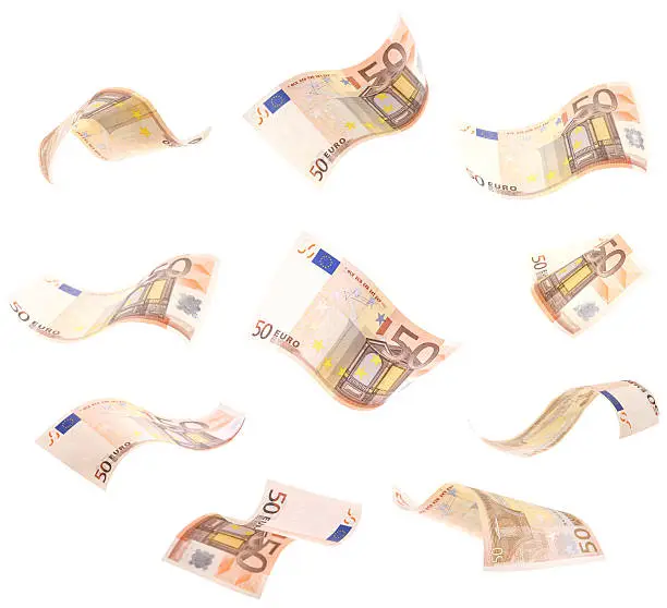 10 different angles of loose wavy, curly 50$ Euro banknote.  Isolated for your design.