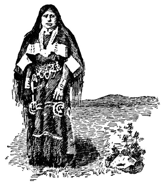 Indigenous Woman of the Tiwa Puebloan Peoples - 19th Century Portrait of Tiwa Puebloan indigenous woman. Vintage etching circa 19th century. taos pueblo stock illustrations