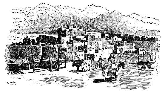 Taos Pueblo in Taos, New Mexico, USA. Vintage etching circa 19th century.