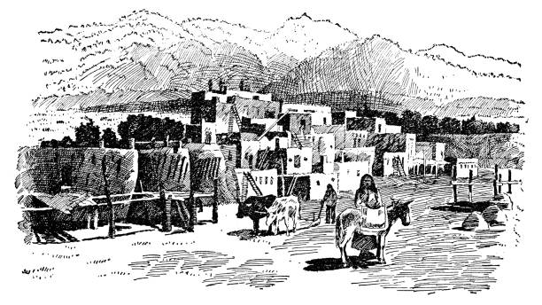 Taos Pueblo in Taos, New Mexico, United States - 19th Century Taos Pueblo in Taos, New Mexico, USA. Vintage etching circa 19th century. puebloan peoples stock illustrations