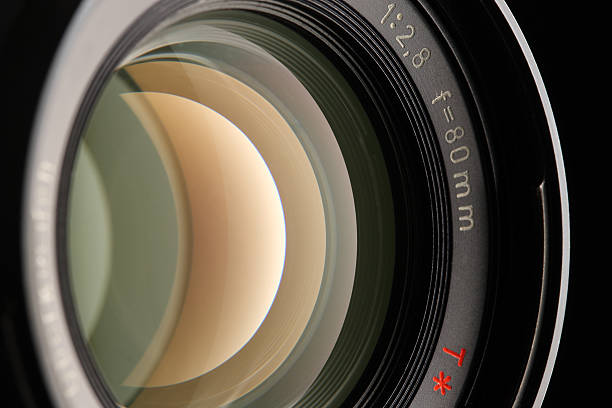 A close-up of a camera lens on a black background