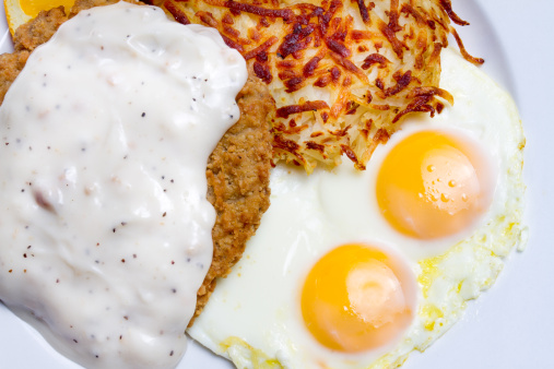 Country Fried Steak and Eggs with Hash brown potatoes