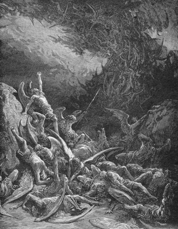 I looked on when the Lamb opened one of the seven seals, and I heard one of the four living creatures saying with a thunderous voice, “Come!” (Revelation, Chapter 6, 1). Wood engraving after a drawing by Julius Schnorr von Carolsfeld (German painter, 1794 - 1872), published in 1877.
