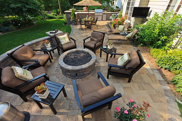 Garden Patio Back yard gardens and patio from an elevated view. fire pit photos stock pictures, royalty-free photos & images