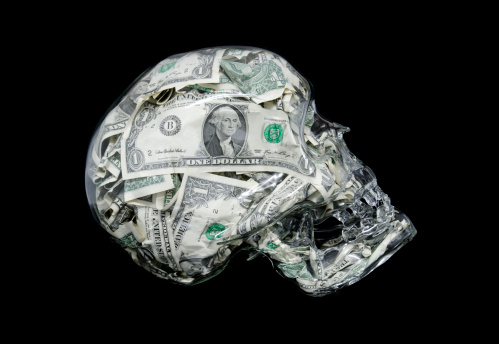 Free blown glass skull filled with One Dollar notes by Oliver Habel. www.oliverhabel.com