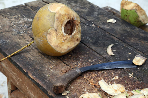 istock Table with coconut and a knife for cutting 155385900
