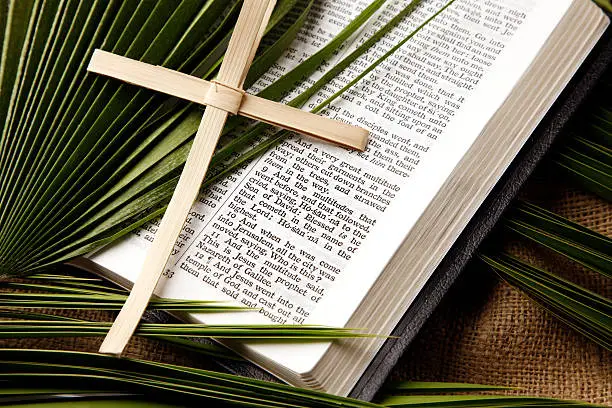 A KJV Bible with palm cross, and palm leaf against a burlap background.