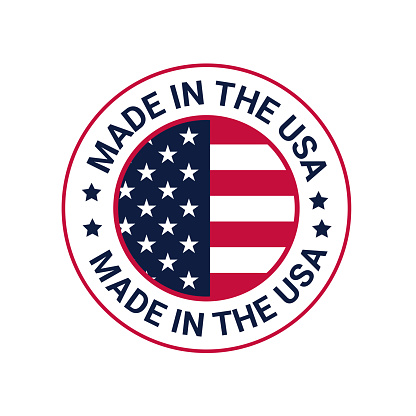 Made in USA label icon with American flag seal. Quality badge for US made certified premium package design