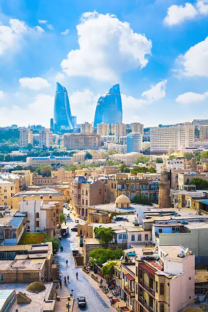 Baku cityscape and Flame Towers, view from Maiden Tower