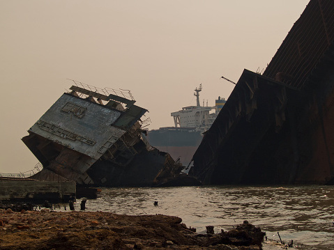 Ship breaking yards of Bangladesh through the foggy and toxic atmosphere.