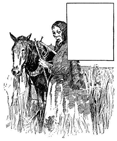 Cheyenne indigenous woman unharnessing a horse. Vintage etching circa 19th century.