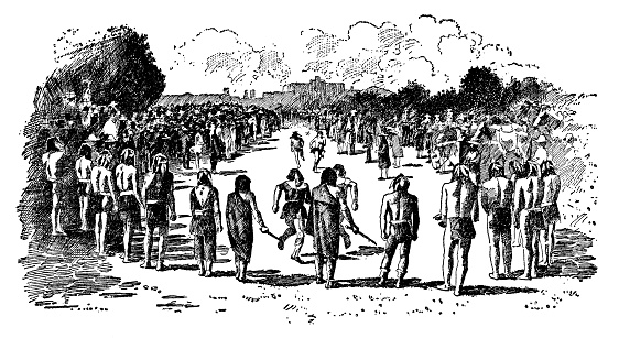 Annual traditional Tiwa Puebloan people running race in Las Vegas, New Mexico, USA. Vintage etching circa 19th century.