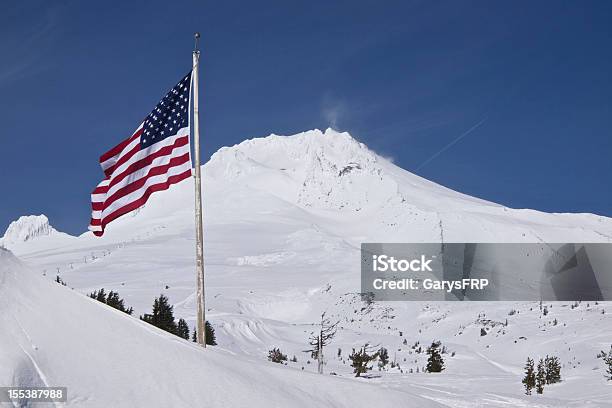 Mount Hood Peak With Flag Blue Sky At Timberline Oregon Stock Photo - Download Image Now