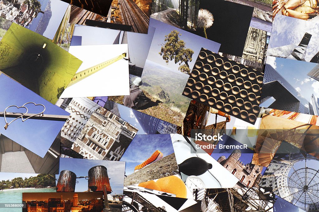 Lots of photograph collections in one image Collection of printed photos. Photograph Stock Photo