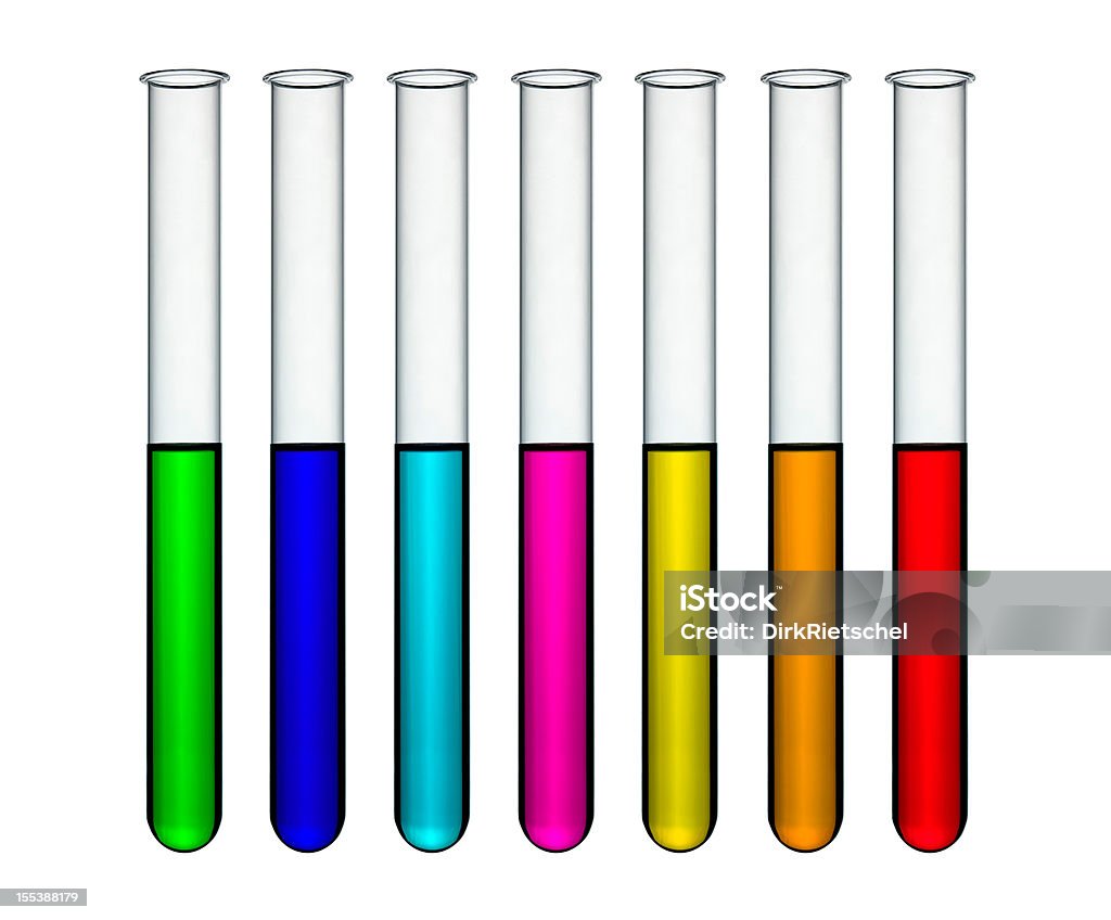 Thin test tubes with rainbow colored liquids Test tubes isolated on white background. Test Tube Stock Photo