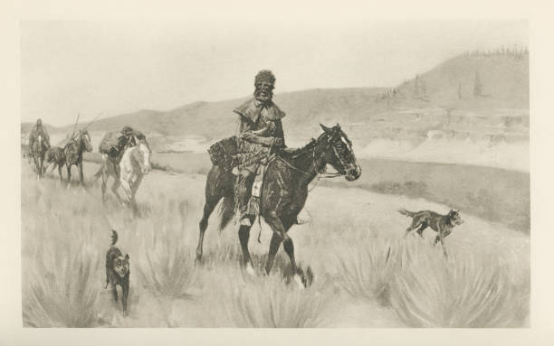 Hunting on a Beaver Stream 1840, Painting by Frederic Remington - 19th Century Hunting on a Beaver Stream 1820, painting by Frederic Remington. Vintage etching circa 19th century. new mexico landscape stock illustrations