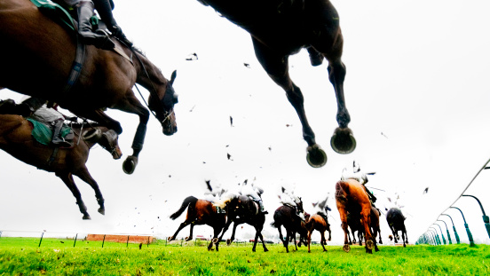 Steeplechase and Horse Racing with horses and jockies running into the distance. Low angle view, high contrast image, bleached look with added grain.