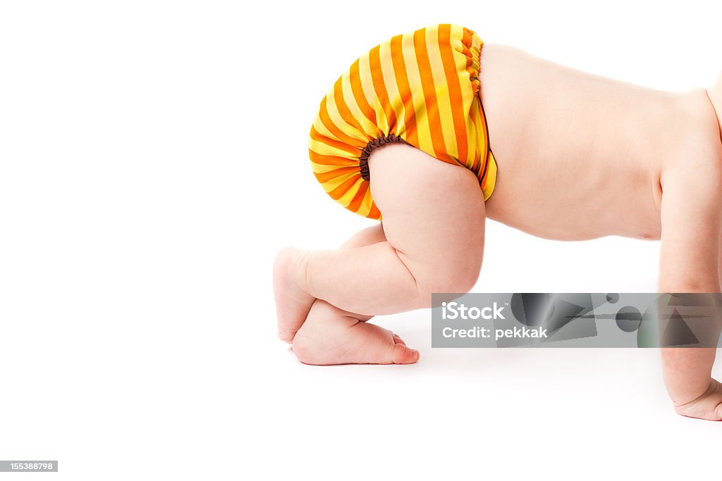 Crawling baby lifting cloth diaper high up Rear of a caucasian baby crawling and lifting his/her durable cloth diaper high up isolated on white background. Baby - Human Age Stock Photo