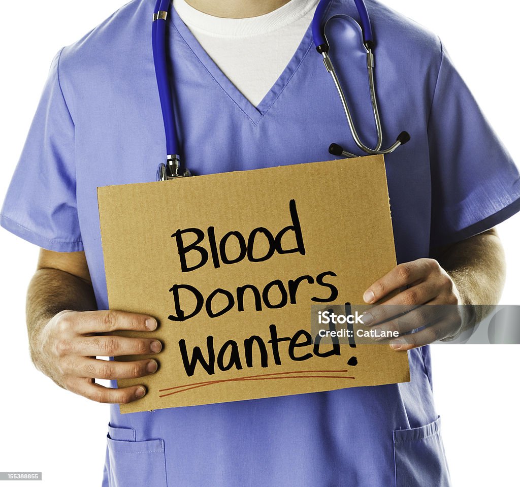 Médico com placa: Dadores de sangue queria - Foto de stock de Doação de Sangue royalty-free