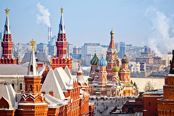 Moscow Historical Museum, St.Basil Cathedral, Red Square, Kremlin in Moscow. View from top of the Ritz-Carlton hotel. mausoleum photos stock pictures, royalty-free photos & images