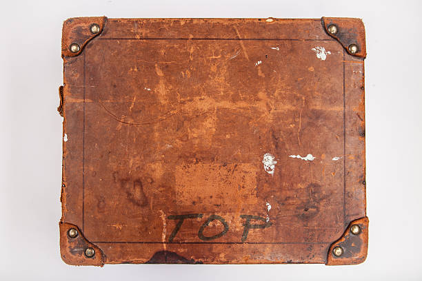 Old Wooden Box with Riveted Leather Corners, High Angle, 4