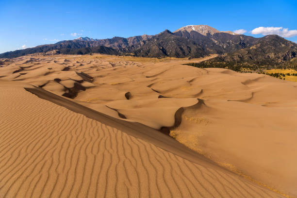 great sand dunes - una vista panorámica de las olas de dunas de arena y las ondulaciones de arena prístina, con mt. herald elevándose en el fondo, en una soleada tarde de primavera. parque nacional great sand dunes, colorado, estados unidos. - alamosa fotografías e imágenes de stock