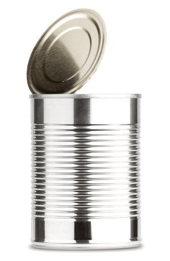 A tin can isolated over white with its lid opened at a 45º angle. Shot straight on in a studio with a Canon 5D MarkII. Most of the file imperfections cleaned up in Photoshop.