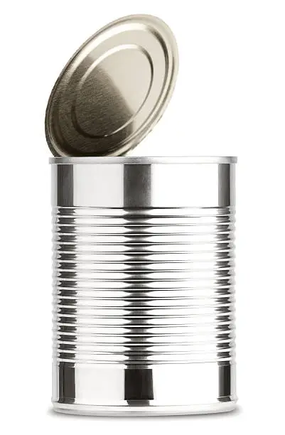 Photo of Opened Shiny Aluminum Tin  Can Without Label Isolated on White