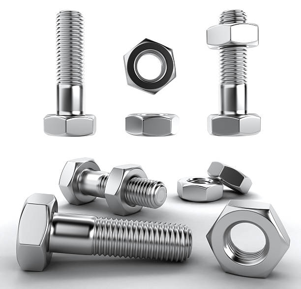 Metal bolts 3D Several chrome bolts, 3D render nut fastener stock pictures, royalty-free photos & images