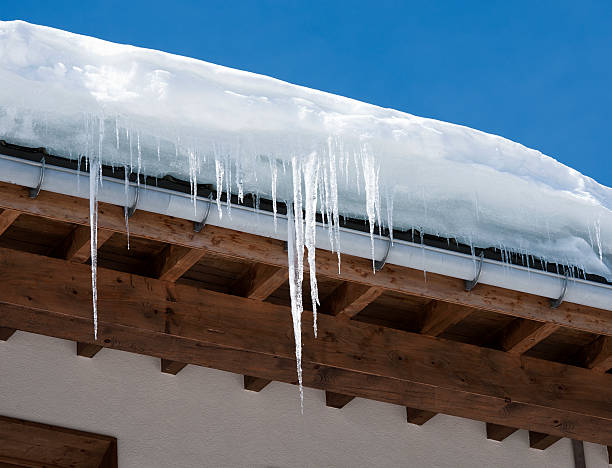 icicles y nieve sobresaliente un tejado - thick snow fotografías e imágenes de stock