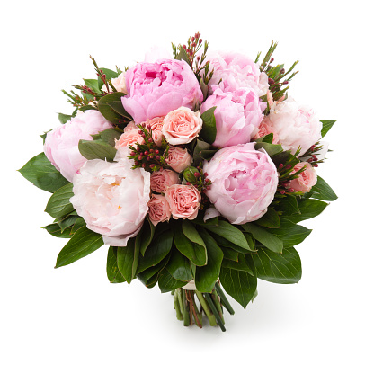 Beautiful pink bouquet with pink roses, lisianthus and  white chrysanthemums