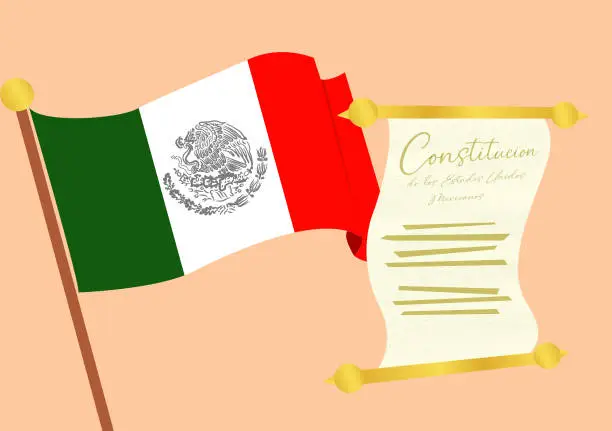 Vector illustration of Flag of Mexico and papyrus that represents the rights in Mexico in the magna carta or political constitution of the United Mexican States