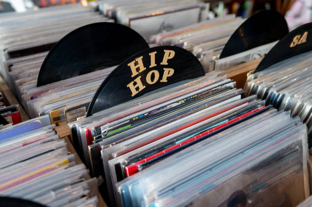 Den Bosch, The Netherlands - May 12, 2019: Various vinyl turntable records on an antique fifties to seventies flea market in Den Bosch, The Netherlands
