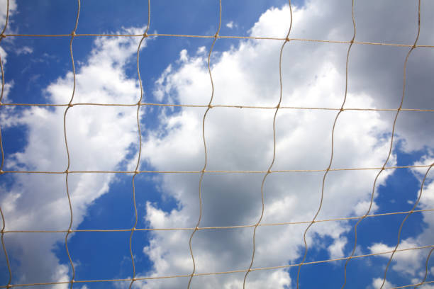 The pattern of net against a blue sky, football goal net