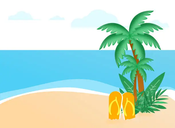 Vector illustration of Beach in summer, with palm trees and the sea, sandals half buried in the sand