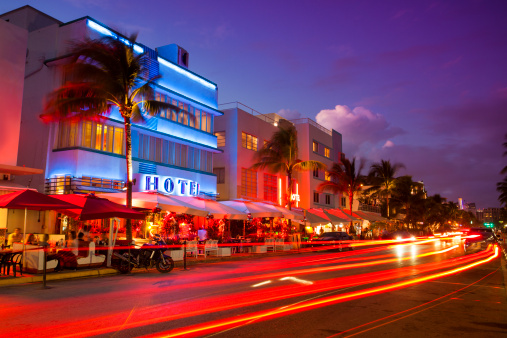 Miami Beach, FL USA - April 28, 2020 - Hotels along Collins Avenue in the South Beach neighborhood.