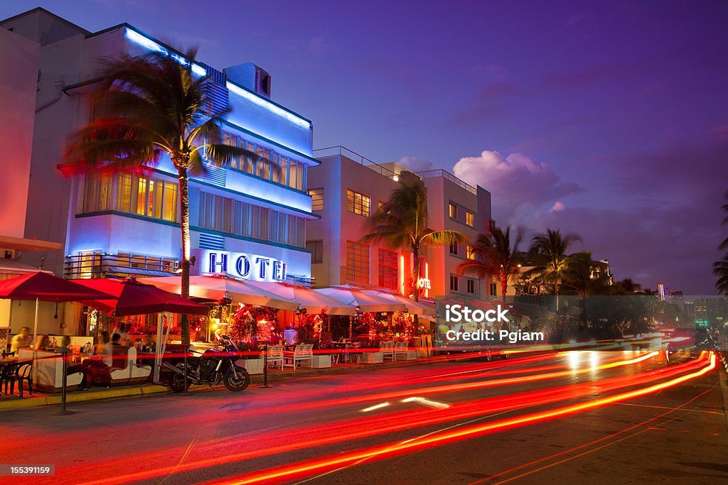 Ocean Drive by the beach in Miami Nightlife on the art deco district of South Beach in Florida USA Miami Stock Photo