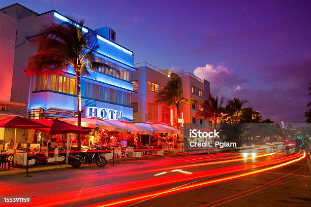 Ocean Drive By The Beach In Miami Stock Photo - Download Image Now - Miami, Night, South Beach