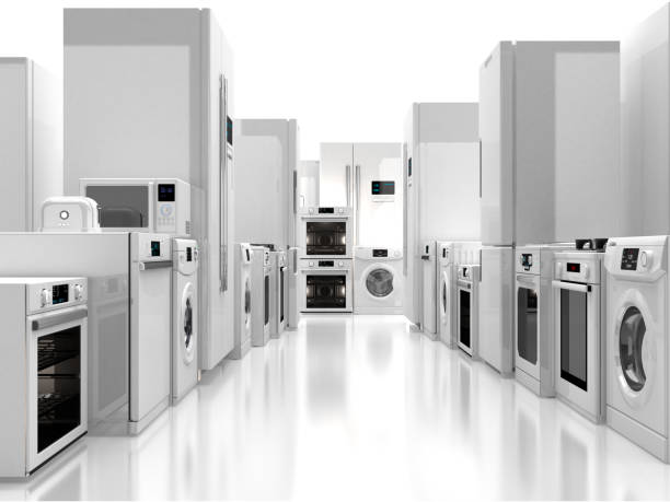 istock Aisle with white appliances on both sides and shiny floor 155391308