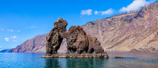 Roque de la Bonanza is an amazing rock formation emerging from the ocean to the height of 15 metres and is the symbol of the island. With a little bit of imagination, you can see the fight between a bear and a lion. Las Playas, El Hierro, Canary Islands, Spain. Canon EOS 5D Mark II