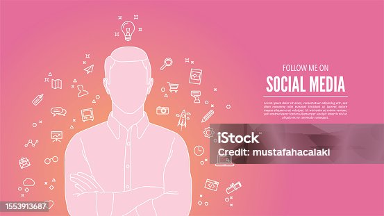 istock Young man standing with social media icons around him and there is a follow me on social media text next to them 1553913687