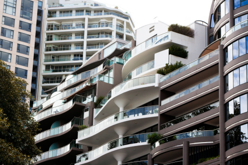 Modern apartments with balconies in the city, Sydney Australia, full frame horizontal composition